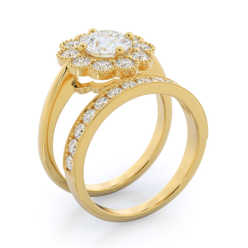 Milgrain Flower Halo Diamond Wedding Band with 18KT Yellow Gold Cut Diamond in 14KT Yellow Gold view 3
