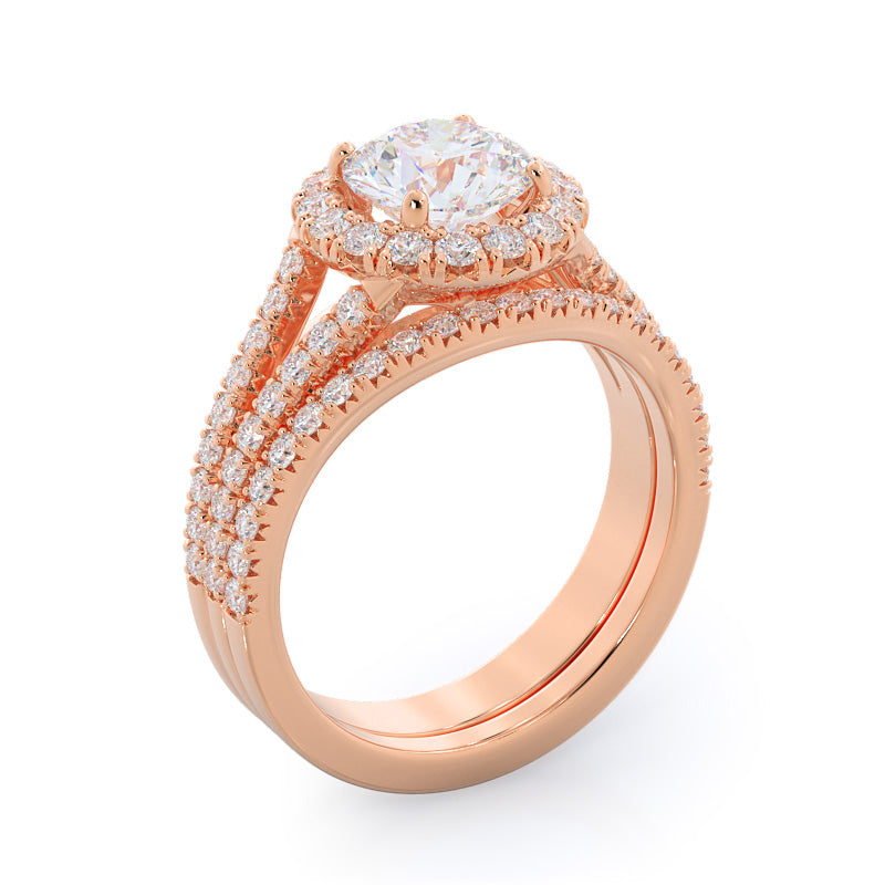 Split Shank French Halo Diamond Wedding Band with 18KT Rose Gold Cut Diamond in 14KT Rose Gold view 3
