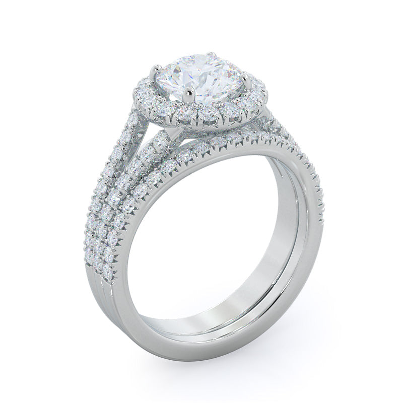 Split Shank French Halo Diamond Wedding Band with Platinum Cut Diamond in 14KT Platinum view 3
