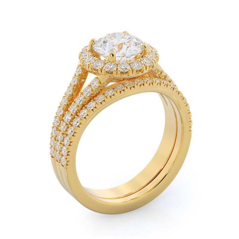 Split Shank French Halo Diamond Wedding Band with 18KT Yellow Gold Cut Diamond in 14KT Yellow Gold view 3
