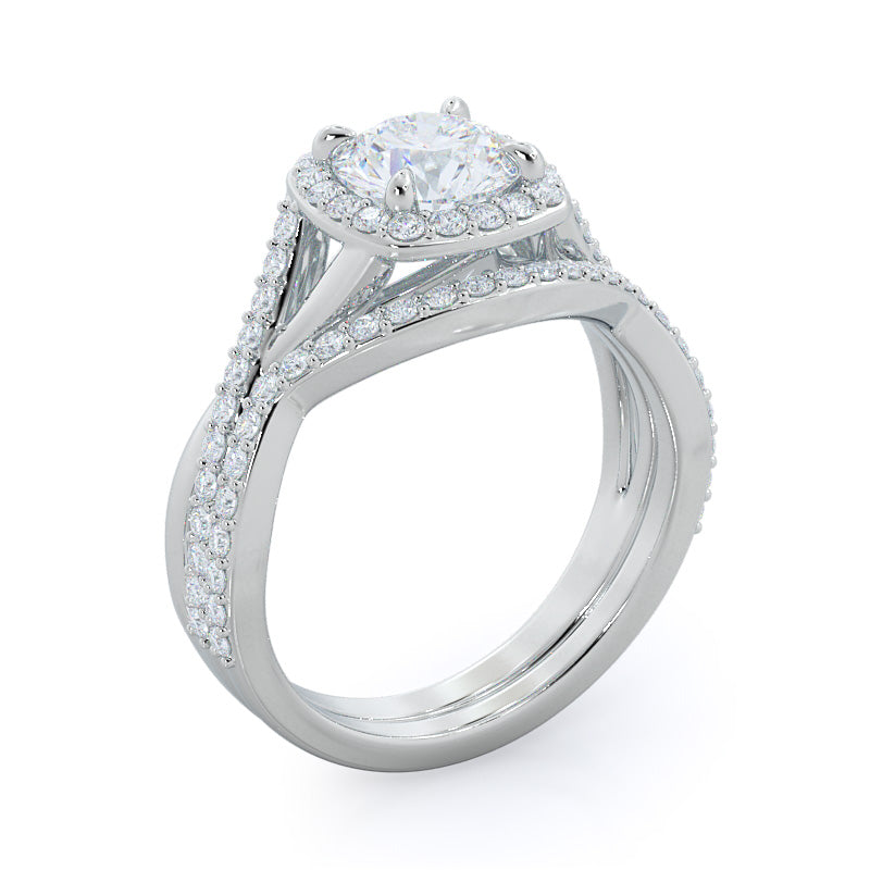 Swaying Split Shank Halo Diamond Wedding Band with Platinum Cut Diamond in 14KT Platinum view 3
