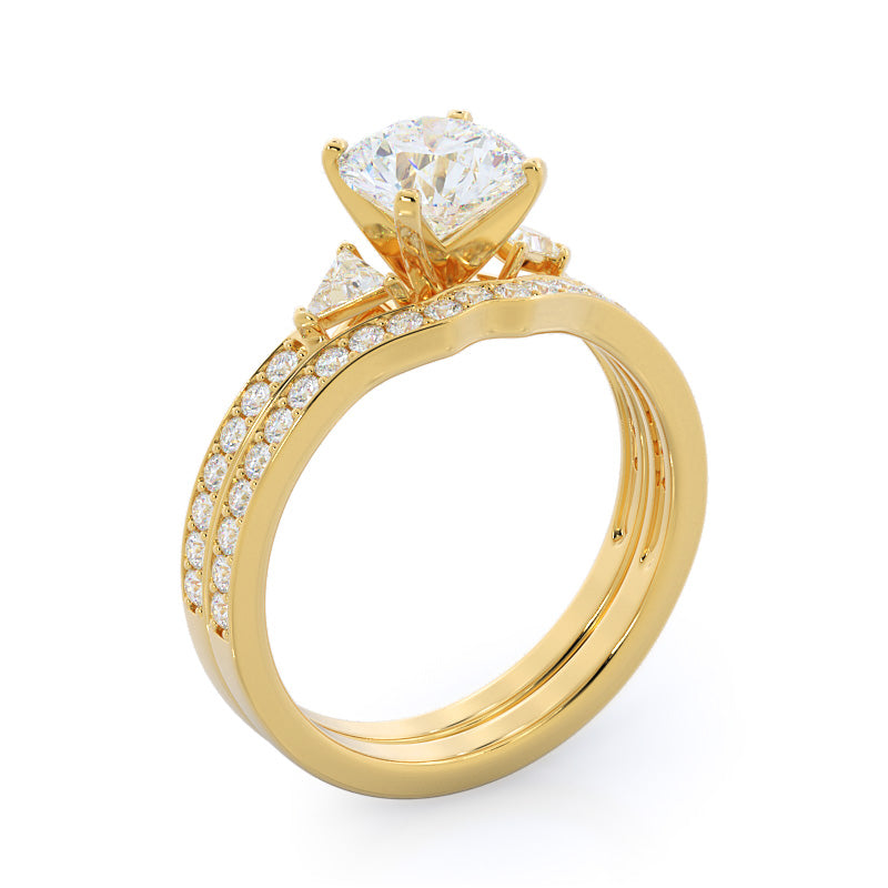 Triangular Three Stone Diamond Wedding Band with 18KT Yellow Gold Cut Diamond in 14KT Yellow Gold view 3

