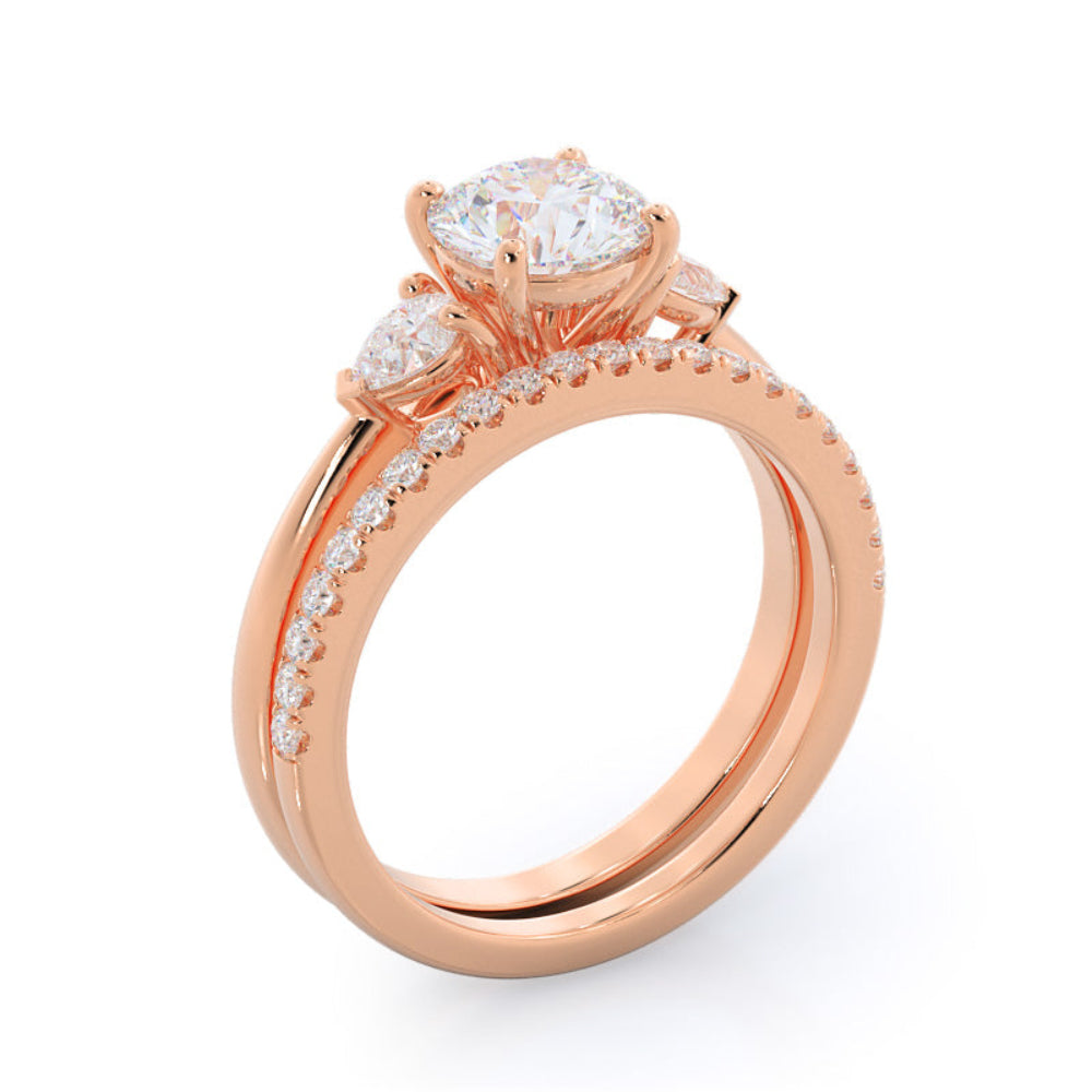 Three Stone Pear Engagement Ring with Oval Cut Diamond in 14KT Rose Gold view 7

