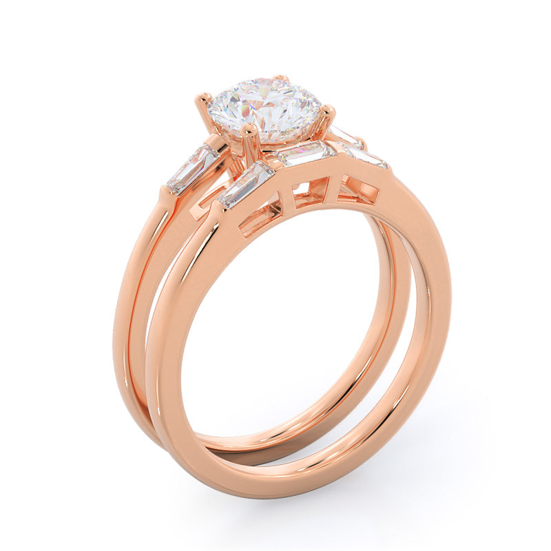 Traditional Three Baguette Diamond Wedding Band with 18KT Rose Gold Cut Diamond in 14KT Rose Gold view 3
