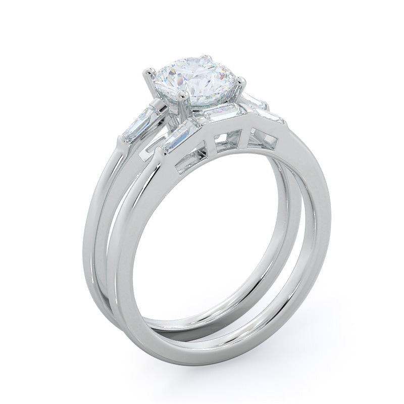 Traditional Three Baguette Diamond Wedding Band with Platinum Cut Diamond in 14KT Platinum view 3
