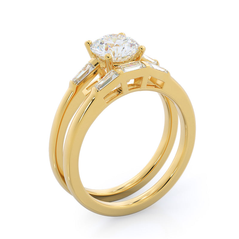 Traditional Three Baguette Diamond Wedding Band with 18KT Yellow Gold Cut Diamond in 14KT Yellow Gold view 3

