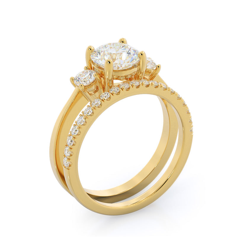 Petite Three Stone Diamond Wedding Band with 18KT Yellow Gold Cut Diamond in 14KT Yellow Gold view 3
