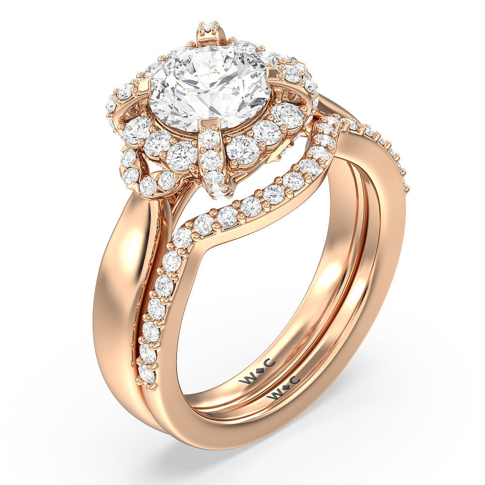 Vintage Glamour Leaf Diamond Wedding Band with 18KT Rose Gold Cut Diamond in 14KT Rose Gold view 3
