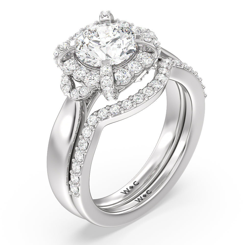 Vintage Glamour Leaf Diamond Wedding Band with Platinum Cut Diamond in 14KT Platinum view 3
