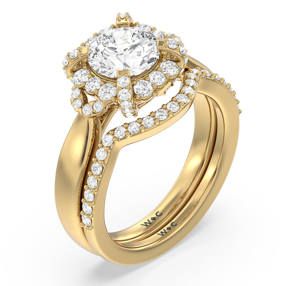 Vintage Glamour Leaf Diamond Wedding Band with 18KT Yellow Gold Cut Diamond in 14KT Yellow Gold view 3
