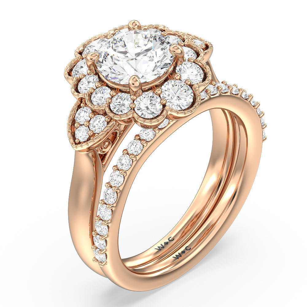 Vintage Spring Halo Diamond Wedding Band with 18KT Rose Gold Cut Diamond in 14KT Rose Gold view 3
