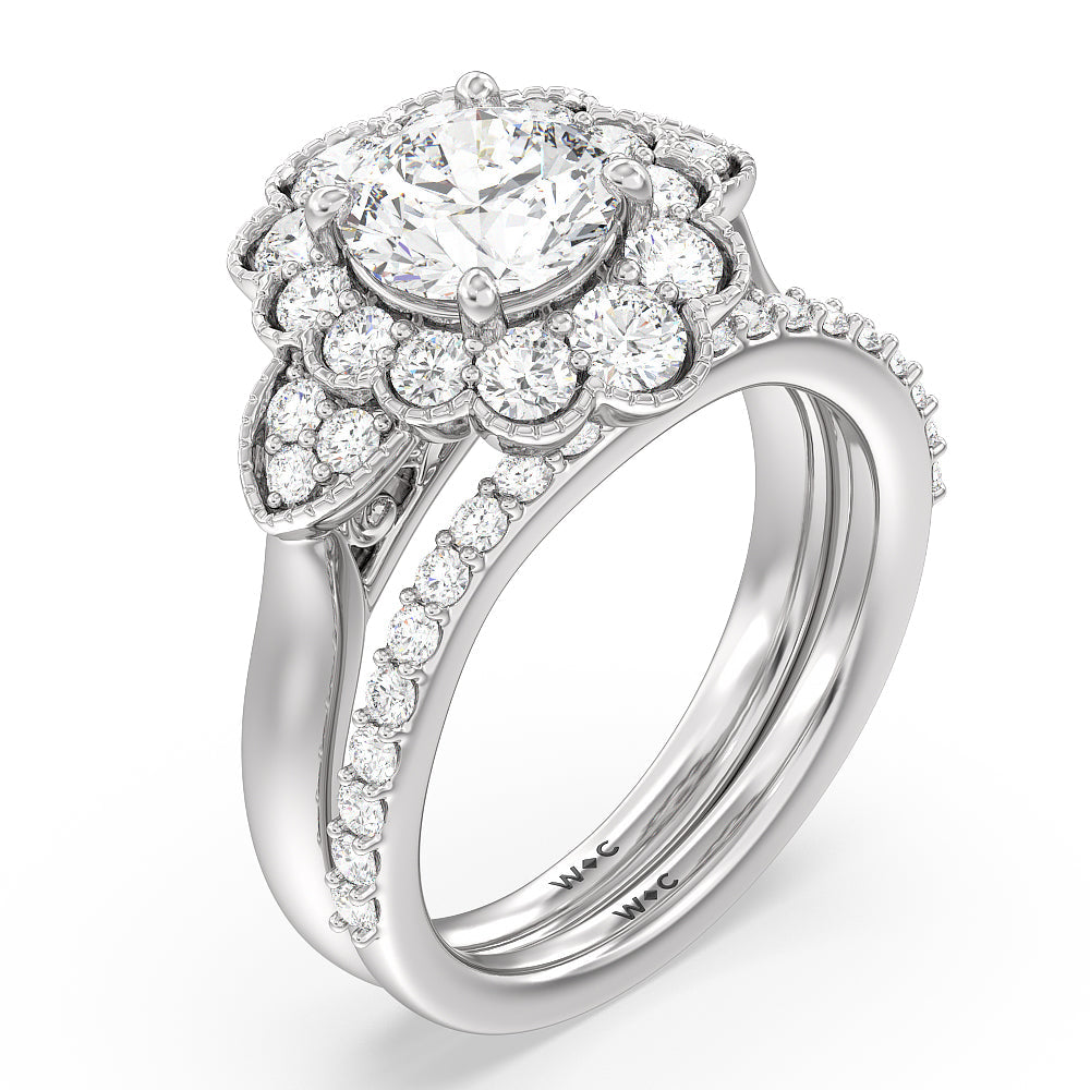 Vintage Spring Halo Diamond Wedding Band with Platinum Cut Diamond in 14KT Platinum view 3
