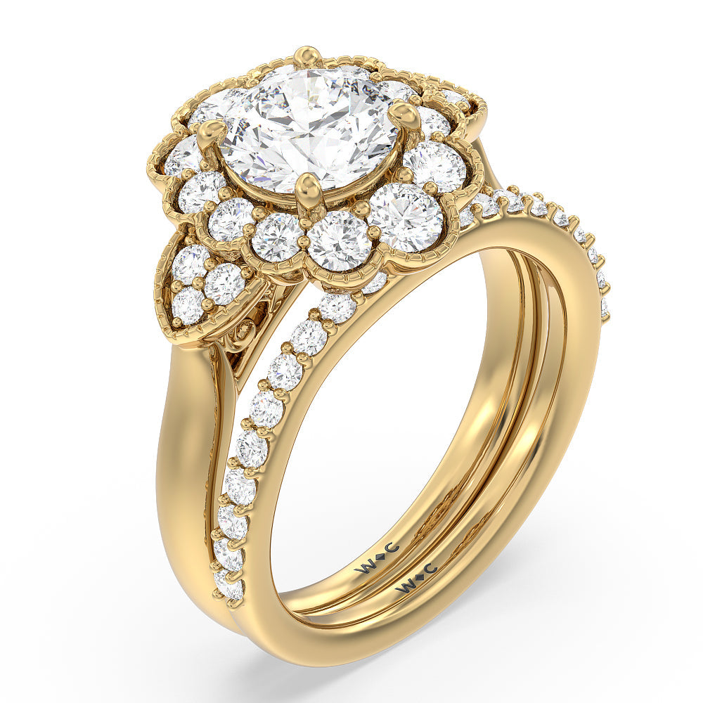 Vintage Spring Halo Diamond Wedding Band with 18KT Yellow Gold Cut Diamond in 14KT Yellow Gold view 3
