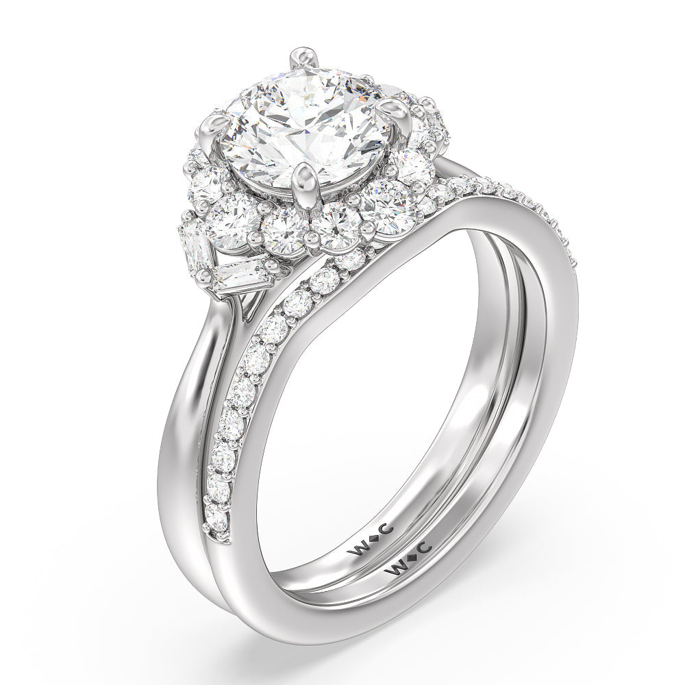 Vintage Glamour Halo Diamond Wedding Band with Platinum Cut Diamond in 14KT Platinum view 3

