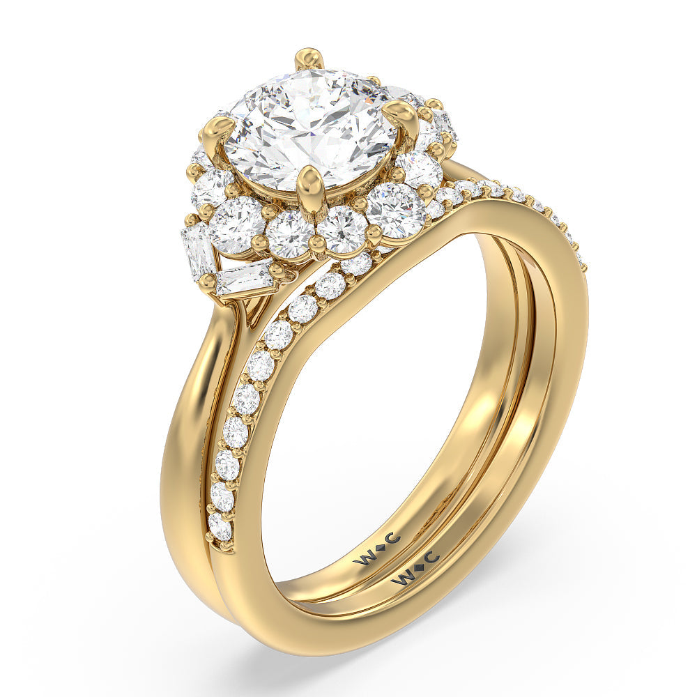 Vintage Glamour Halo Diamond Wedding Band with 18KT Yellow Gold Cut Diamond in 14KT Yellow Gold view 3
