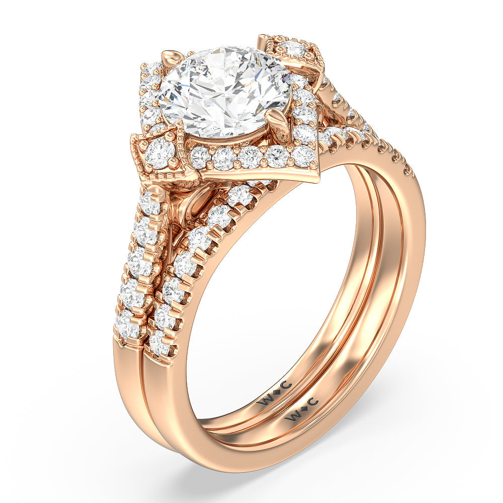 Vintage Royal Leaf Diamond Wedding Band with 18KT Rose Gold Cut Diamond in 14KT Rose Gold view 3
