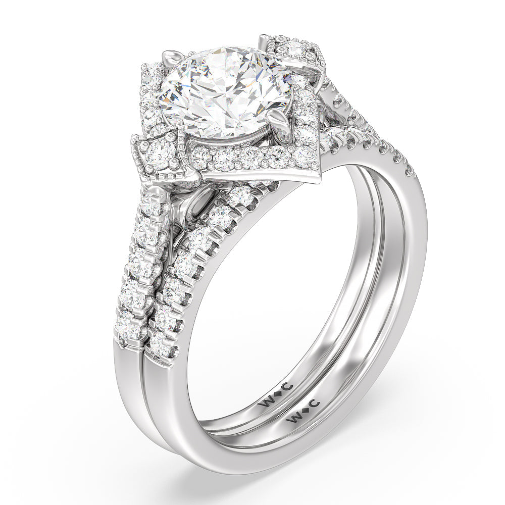 Vintage Royal Leaf Diamond Wedding Band with Platinum Cut Diamond in 14KT Platinum view 3
