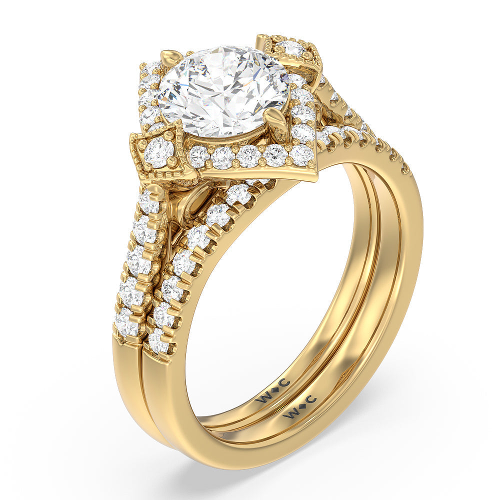 Vintage Royal Leaf Diamond Wedding Band with 18KT Yellow Gold Cut Diamond in 14KT Yellow Gold view 3
