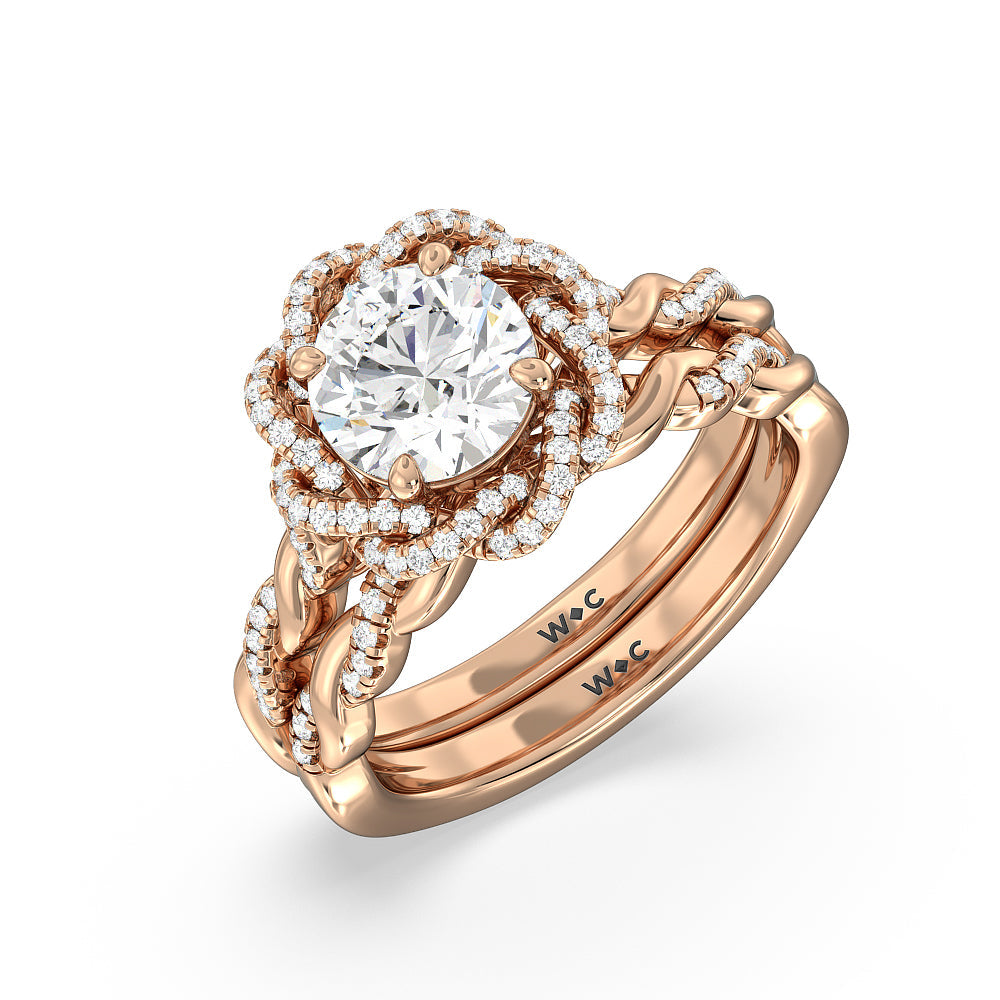Vintage Floral Twisted Halo Diamond Wedding Band with 18KT Rose Gold Cut Diamond in 14KT Rose Gold view 3
