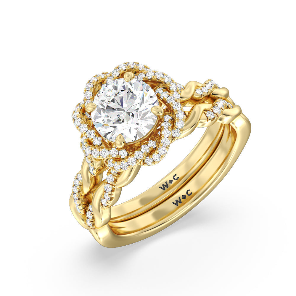 Vintage Floral Twisted Halo Diamond Wedding Band with 18KT Yellow Gold Cut Diamond in 14KT Yellow Gold view 3
