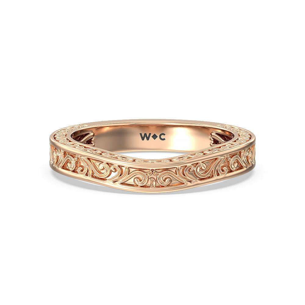 Vintage Carved Tulip Three Stone Wedding Band with 18KT Rose Gold Cut Diamond in 14KT Rose Gold view 1
