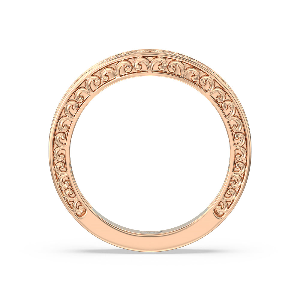 Vintage Carved Tulip Three Stone Wedding Band with 18KT Rose Gold Cut Diamond in 14KT Rose Gold view 3
