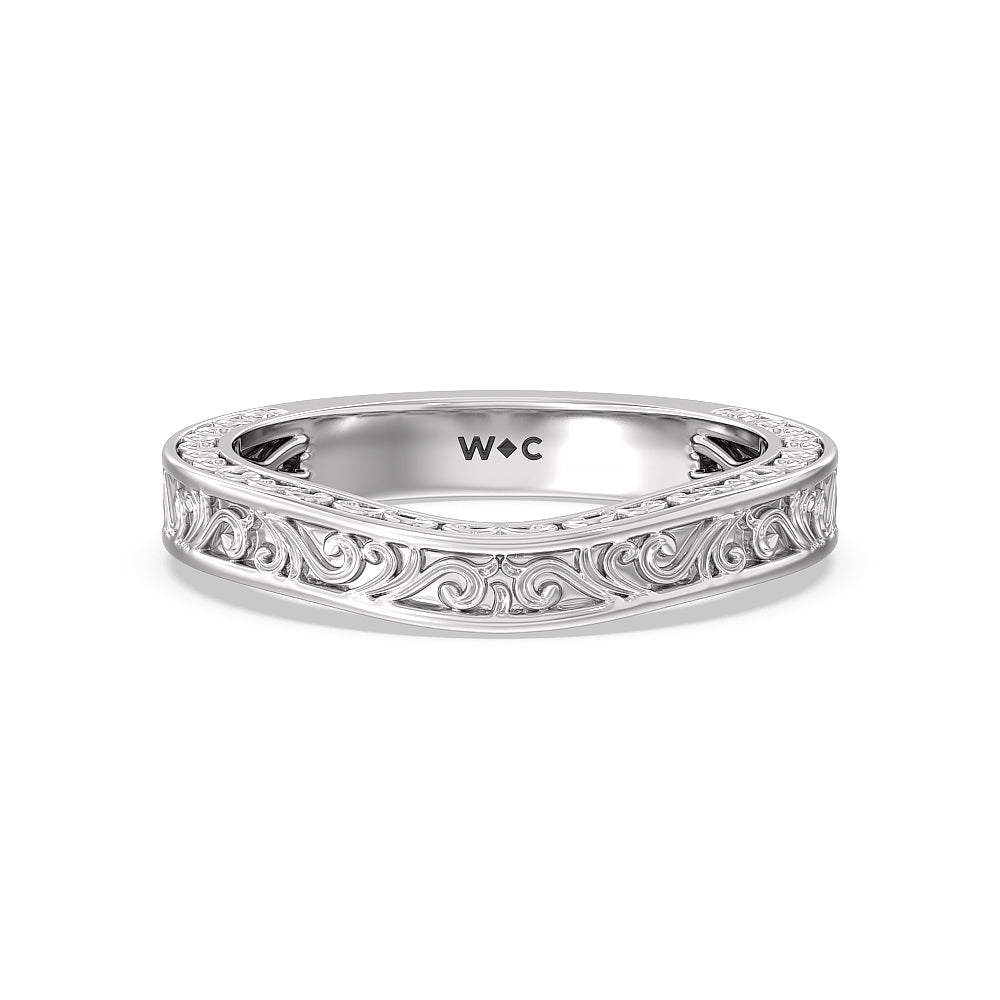 Vintage Carved Tulip Three Stone Wedding Band with Platinum Cut Diamond in 14KT Platinum view 1
