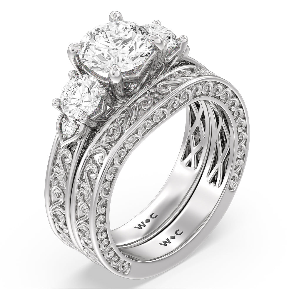 Vintage Carved Tulip Three Stone Wedding Band with Platinum Cut Diamond in 14KT Platinum view 4
