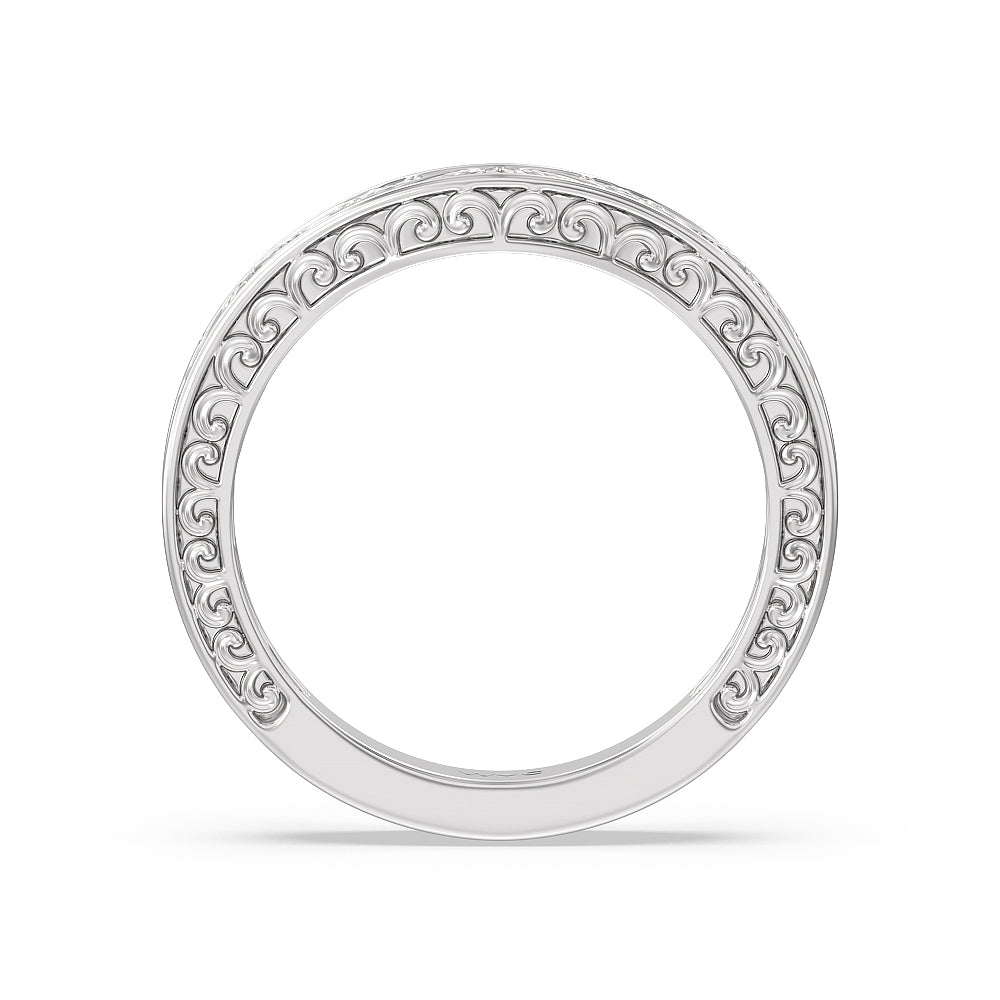 Vintage Carved Tulip Three Stone Wedding Band with Platinum Cut Diamond in 14KT Platinum view 3
