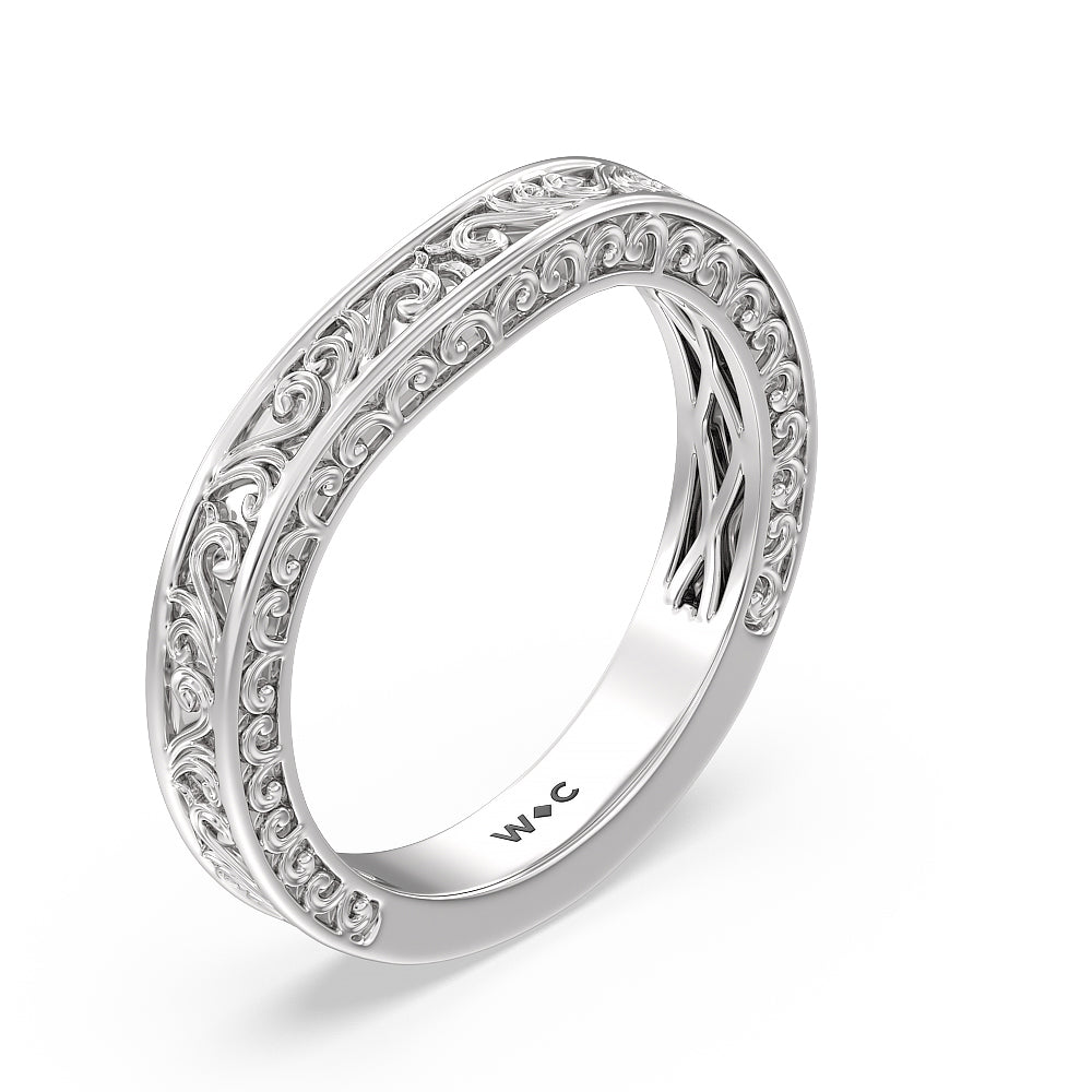 Vintage Carved Tulip Three Stone Wedding Band with Platinum Cut Diamond in 14KT Platinum view 2
