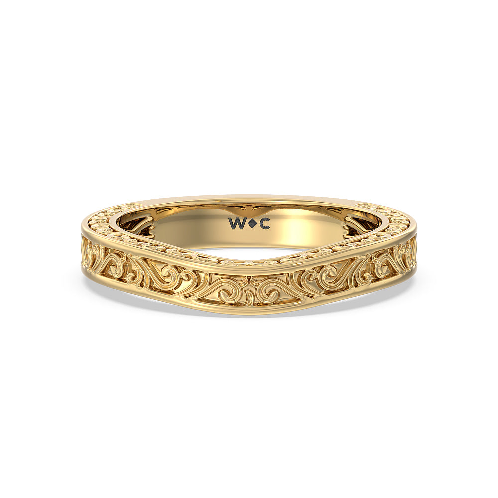 Vintage Carved Tulip Three Stone Wedding Band with 18KT Yellow Gold Cut Diamond in 14KT Yellow Gold view 1
