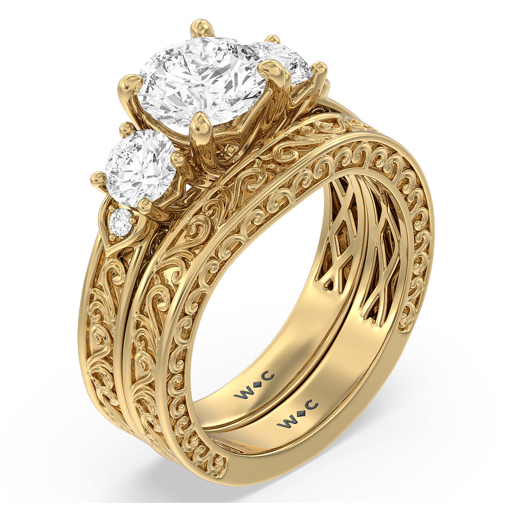 Vintage Carved Tulip Three Stone Wedding Band with 18KT Yellow Gold Cut Diamond in 14KT Yellow Gold view 4
