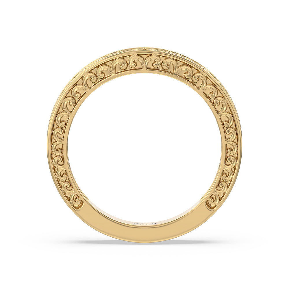 Vintage Carved Tulip Three Stone Wedding Band with 18KT Yellow Gold Cut Diamond in 14KT Yellow Gold view 3
