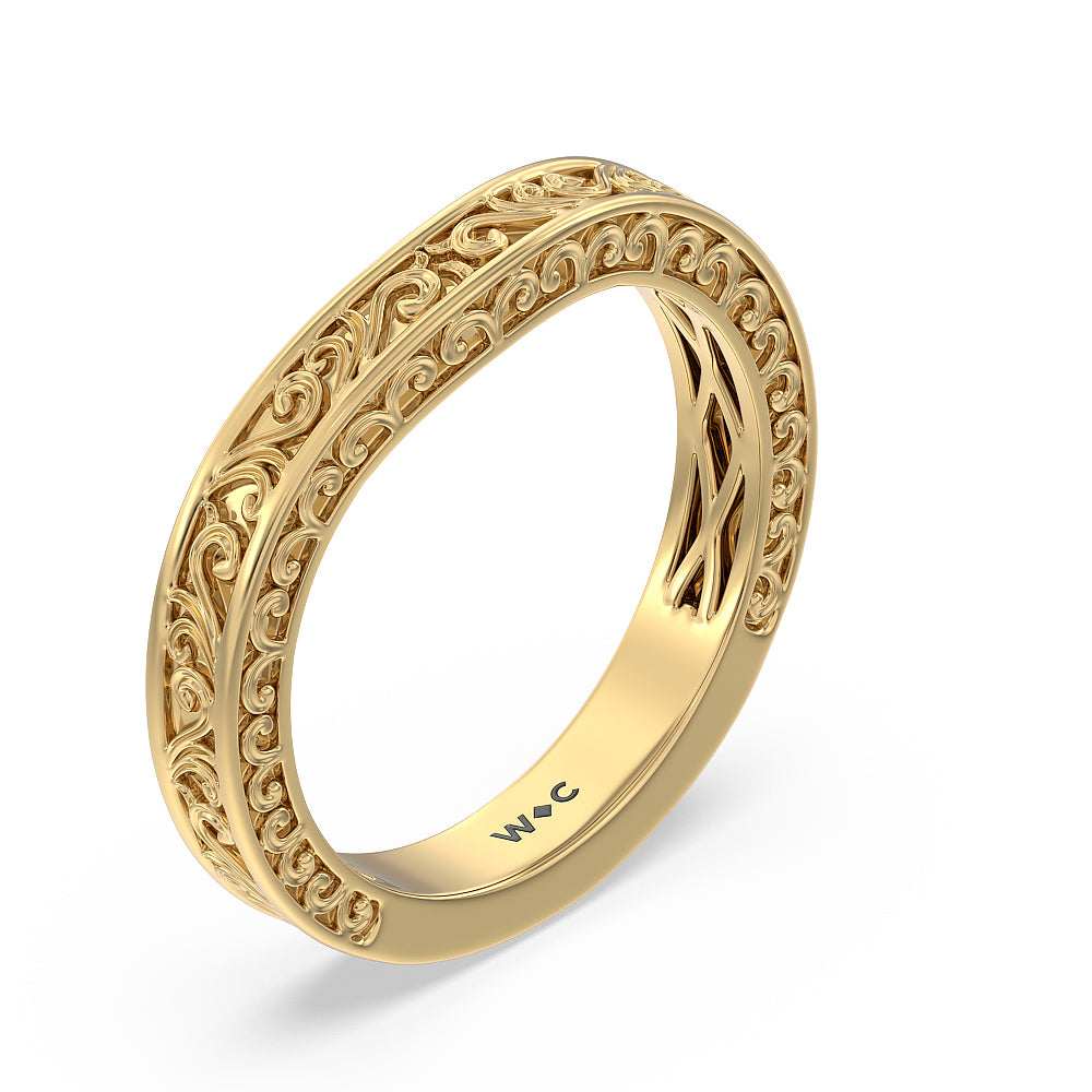 Vintage Carved Tulip Three Stone Wedding Band with 18KT Yellow Gold Cut Diamond in 14KT Yellow Gold view 2

