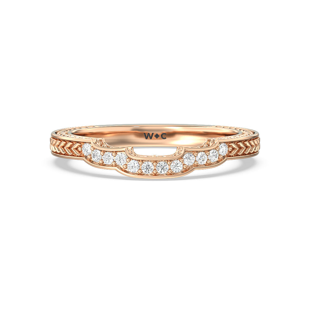 Vintage Curved Amore Three Stone Diamond Wedding Band with 18KT Rose Gold Cut Diamond in 14KT Rose Gold view 1
