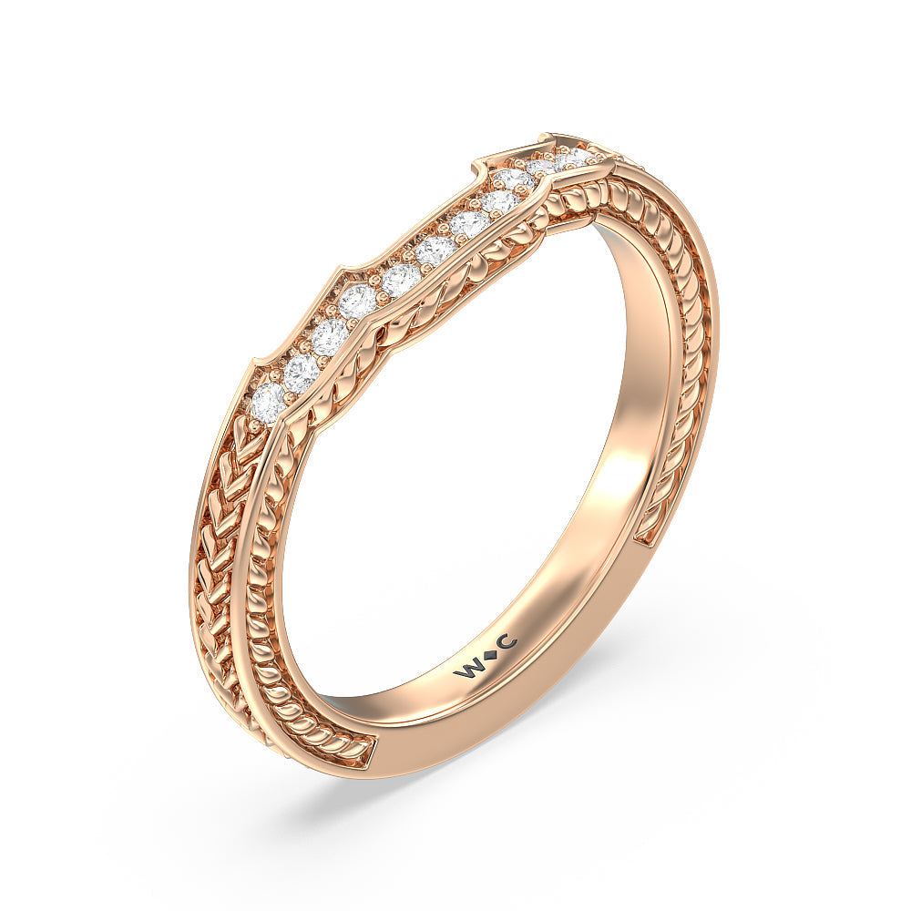 Vintage Curved Amore Three Stone Diamond Wedding Band with 18KT Rose Gold Cut Diamond in 14KT Rose Gold view 4
