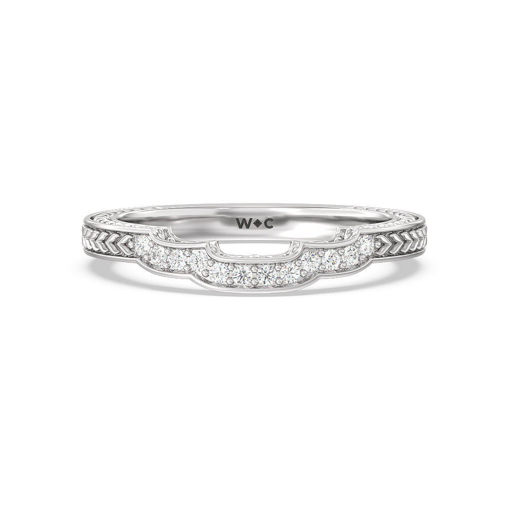 Vintage Curved Amore Three Stone Diamond Wedding Band with Platinum Cut Diamond in 14KT Platinum view 1

