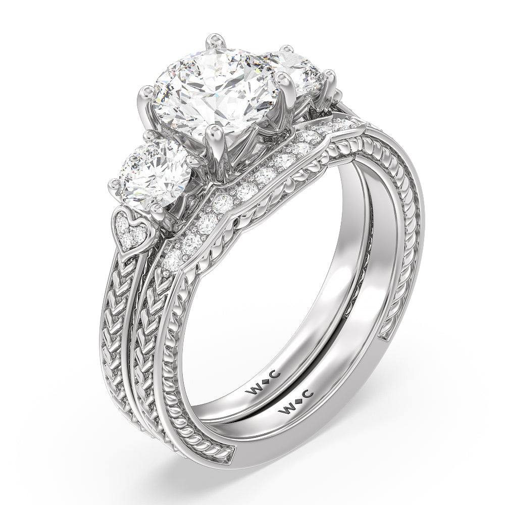 Vintage Curved Amore Three Stone Diamond Wedding Band with Platinum Cut Diamond in 14KT Platinum view 3
