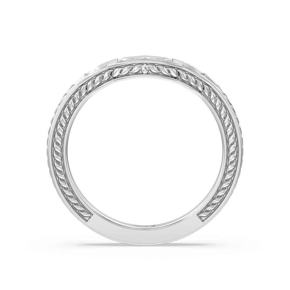 Vintage Curved Amore Three Stone Diamond Wedding Band with Platinum Cut Diamond in 14KT Platinum view 2
