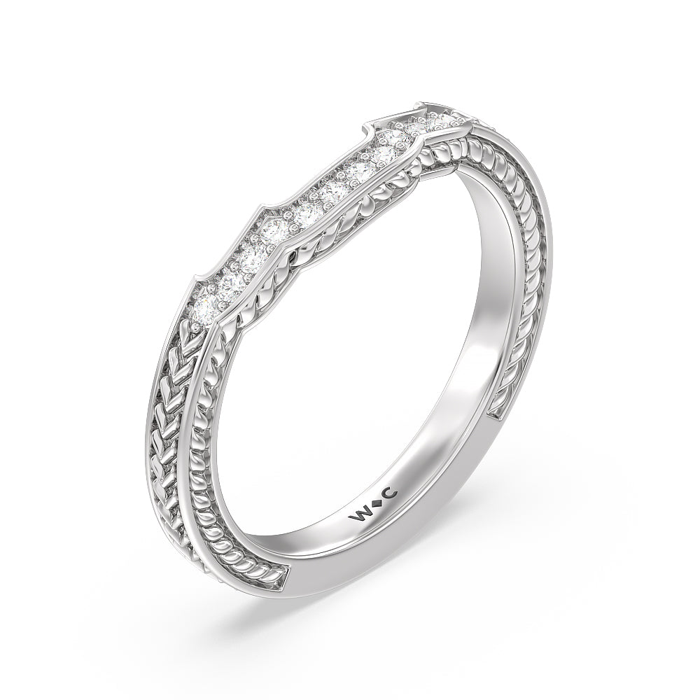Vintage Curved Amore Three Stone Diamond Wedding Band with Platinum Cut Diamond in 14KT Platinum view 4
