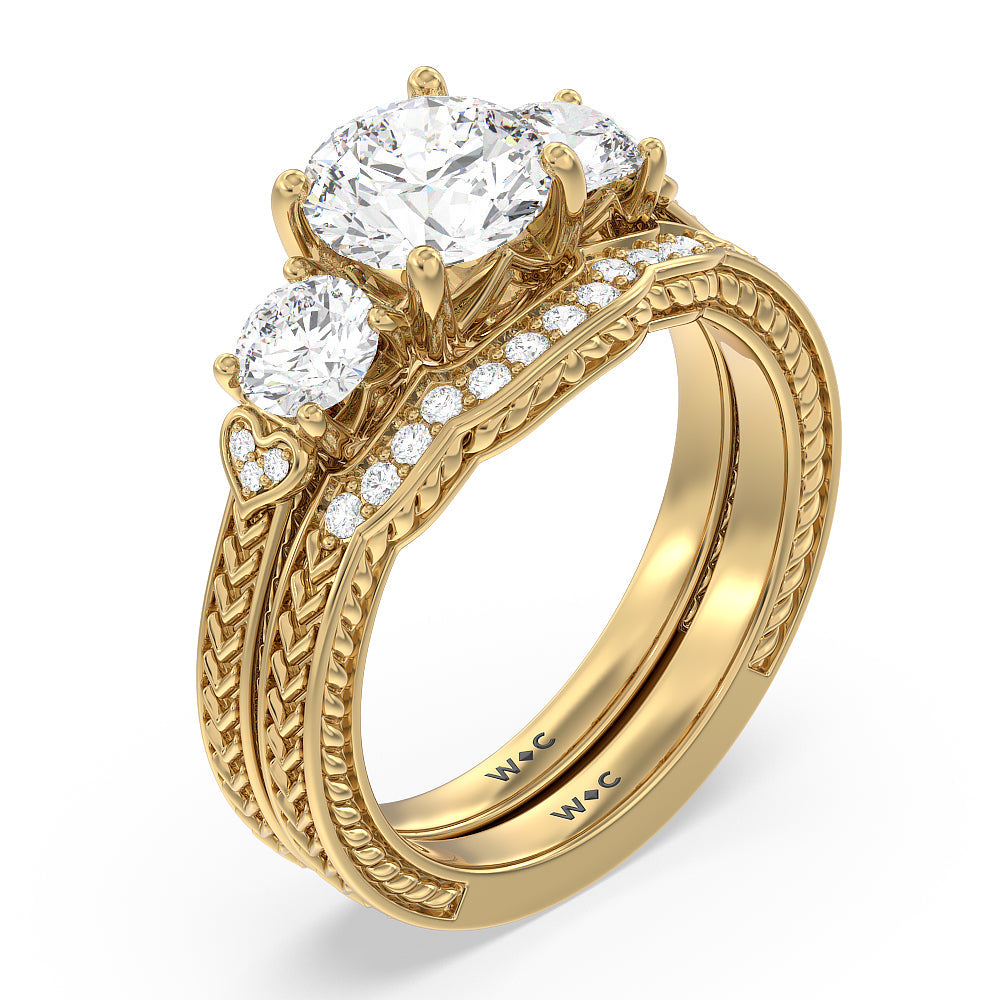 Vintage Curved Amore Three Stone Diamond Wedding Band with 18KT Yellow Gold Cut Diamond in 14KT Yellow Gold view 3
