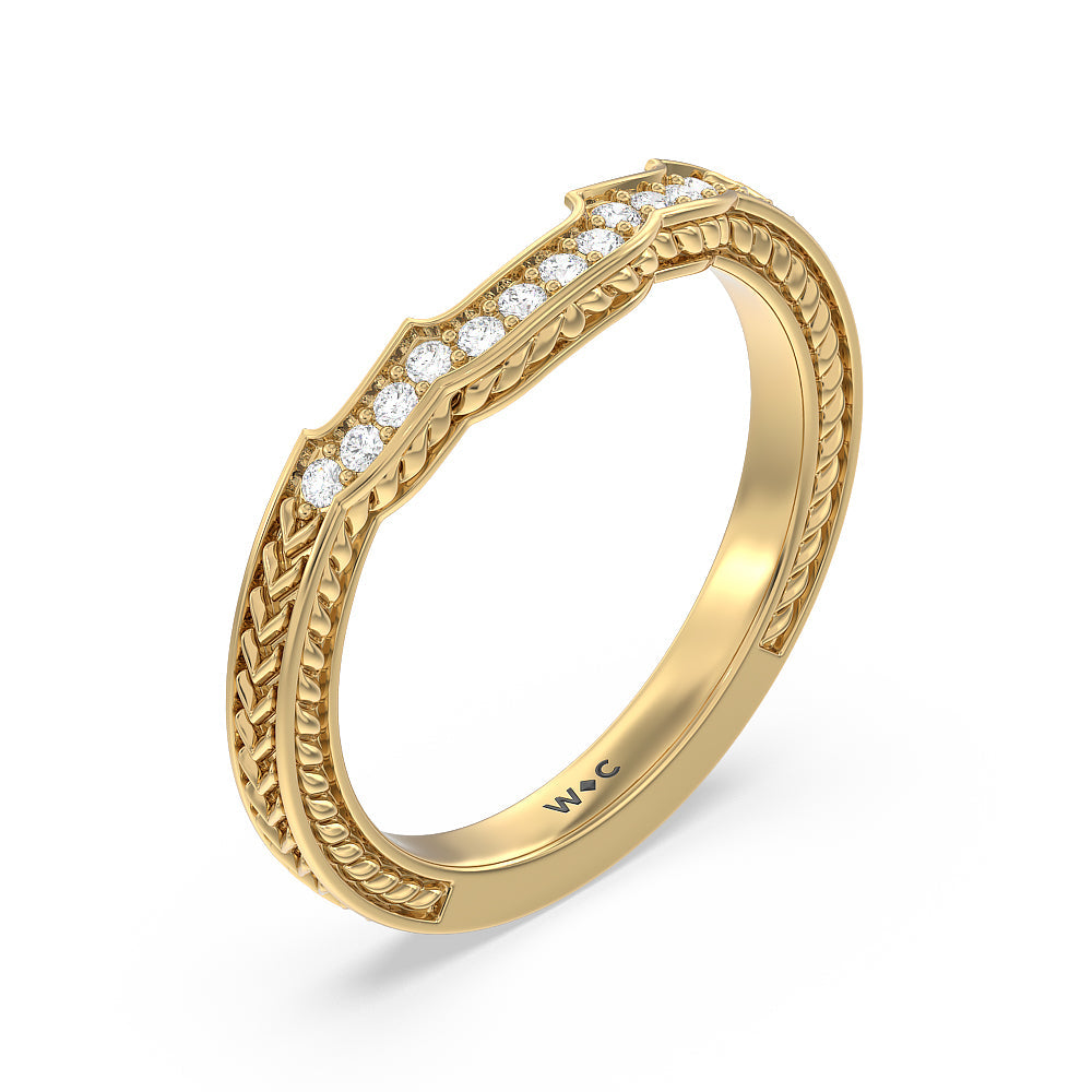 Vintage Curved Amore Three Stone Diamond Wedding Band with 18KT Yellow Gold Cut Diamond in 14KT Yellow Gold view 4
