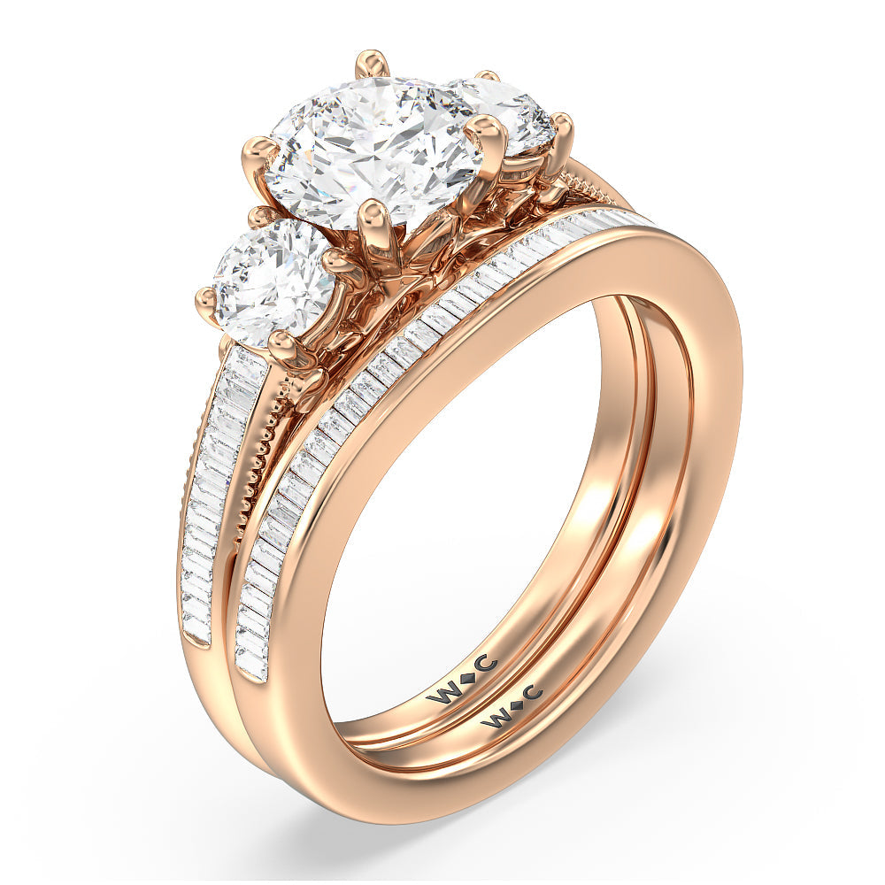 Vintage Grapevine 3 Stone Diamond Wedding Band with 18KT Rose Gold Cut Diamond in 14KT Rose Gold view 3
