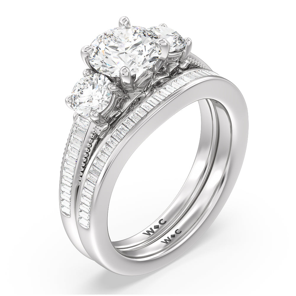 Vintage Grapevine 3 Stone Diamond Wedding Band with Platinum Cut Diamond in 14KT Platinum view 3
