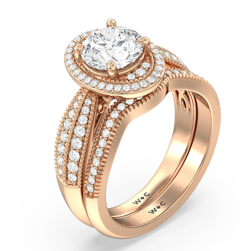 Vintage Oval Halo Diamond Wedding Band with 18KT Rose Gold Cut Diamond in 14KT Rose Gold view 3
