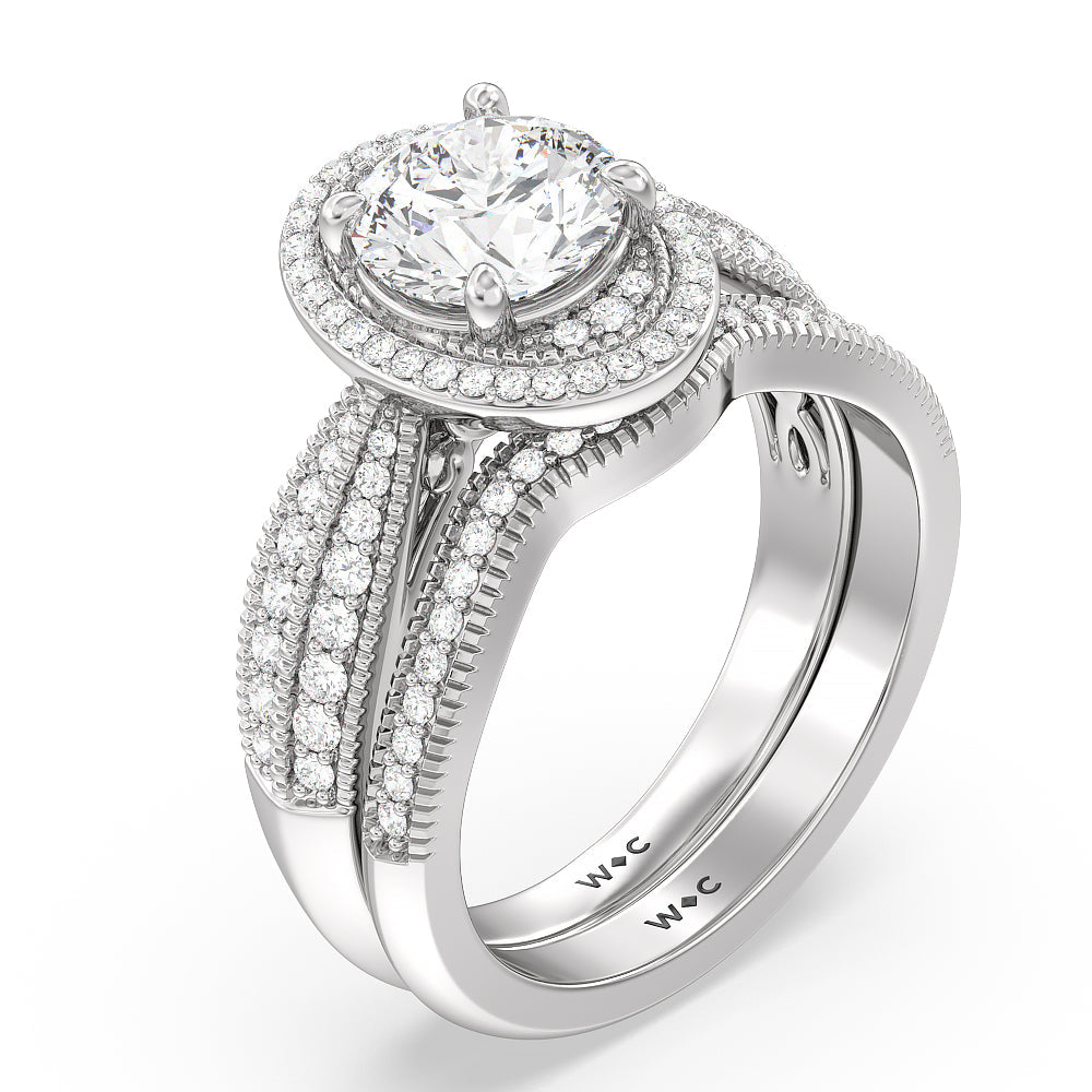Vintage Oval Halo Diamond Wedding Band with Platinum Cut Diamond in 14KT Platinum view 3
