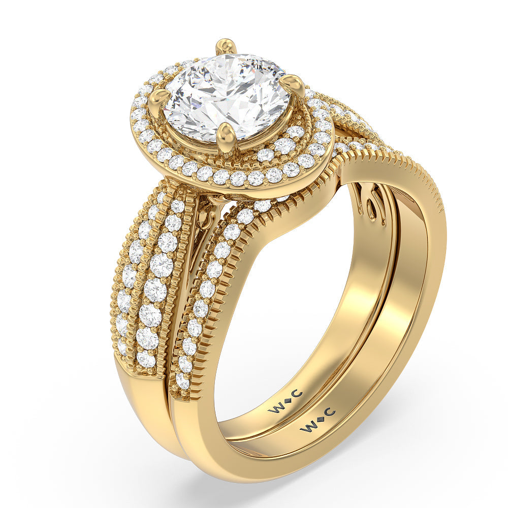Vintage Oval Halo Diamond Wedding Band with 18KT Yellow Gold Cut Diamond in 14KT Yellow Gold view 3
