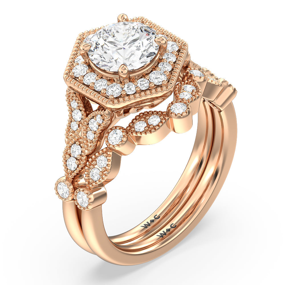 Vintage Hexagonal Halo Diamond Wedding Band with 18KT Rose Gold Cut Diamond in 14KT Rose Gold view 3
