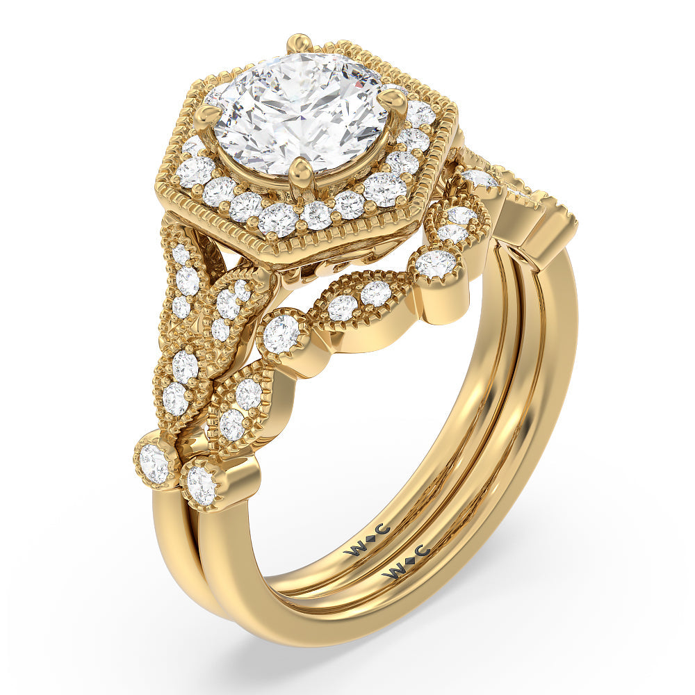 Vintage Hexagonal Halo Diamond Wedding Band with 18KT Yellow Gold Cut Diamond in 14KT Yellow Gold view 3
