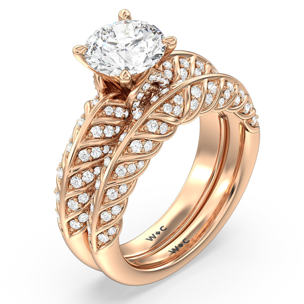 Vintage Chevron Classic Diamond Wedding Band with 18KT Rose Gold Cut Diamond in 14KT Rose Gold view 3
